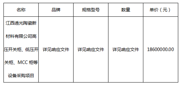 高压开关柜、低压开关柜、MCC柜等设备采购项目结果公示