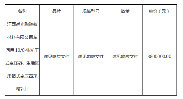 10/0.4kV干式变压器、生活区用箱式变压器采购项目结果公示